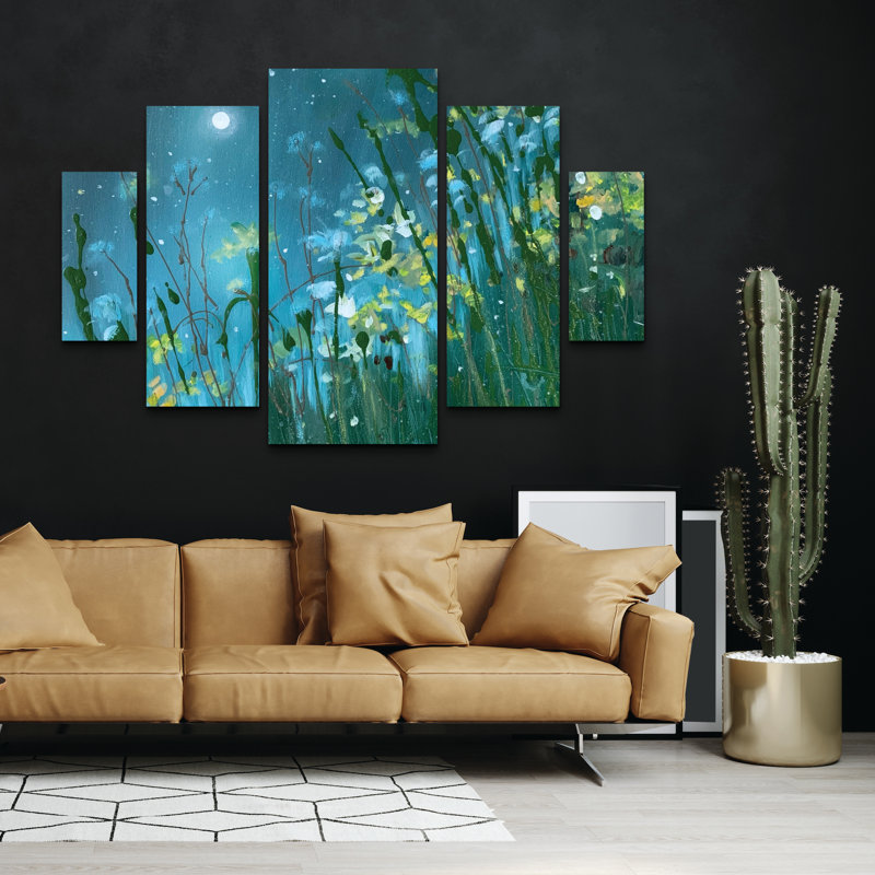 Ensemble de 5 panneaux muraux - Jennifer Taylor Art «Midnight Dream Teal Green», art mural sur toile pour le salon, la chambre à coucher ou le bureau 