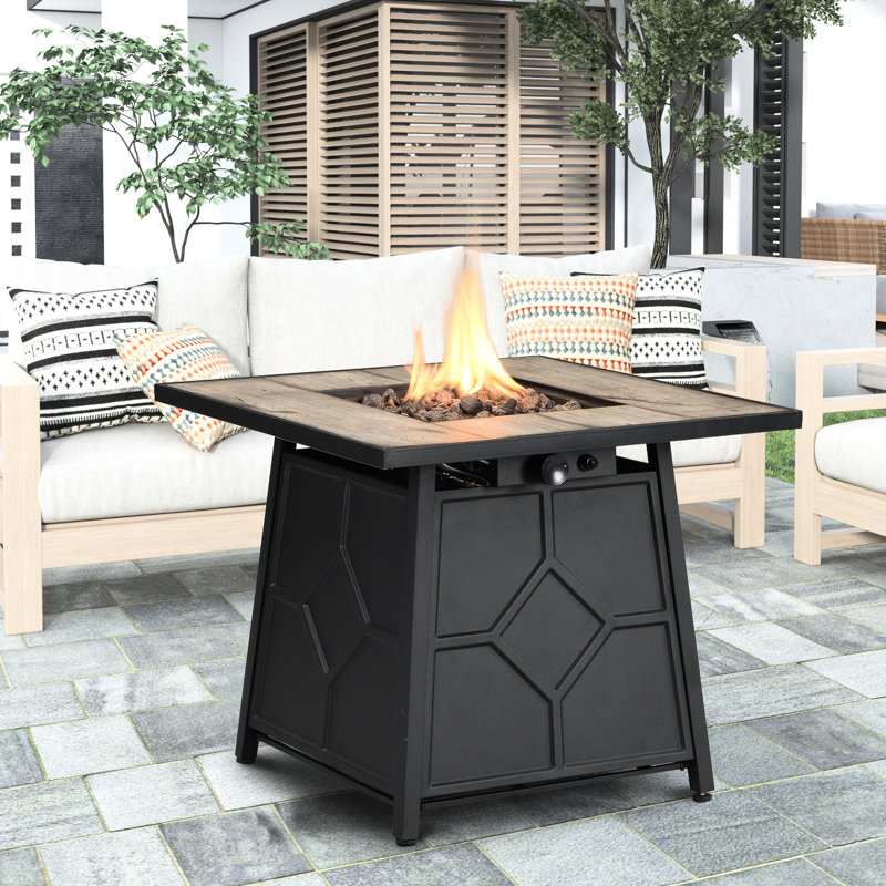 Auto - Ignition 40,000 28 Inch Square Propane Gas Fire Pit Table, Grey + Iron, Strong Structure, Tile Desktop, Easy To Clean Metal,