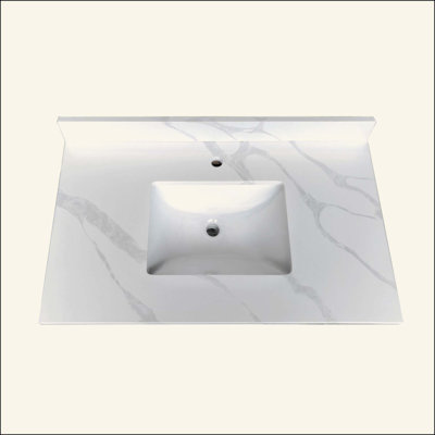 Quartz Bathroom Vanity Top, 3/4" Thick with Undermount Single Bowl Middle Sink, 4 Inch High Backsplash, 1 Pre-Drilled Faucet Hole, Stain & Heat Resistant, Quartz with Veins