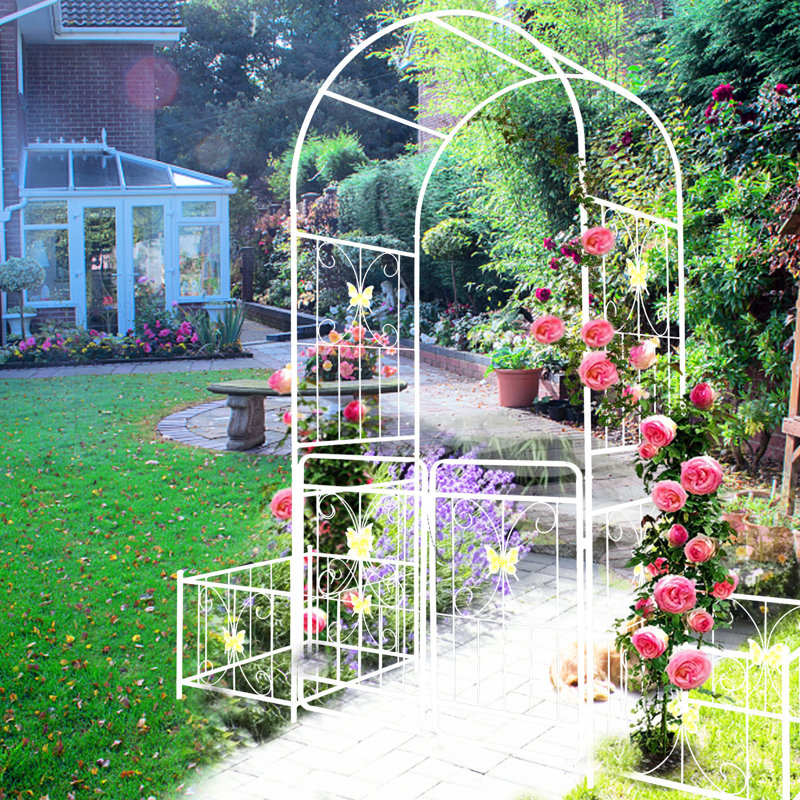 Arche de barrière de jardin en métal blanc crème avec barrière, 79,5 po x 86,6 po, blanc crème pour l'extérieur