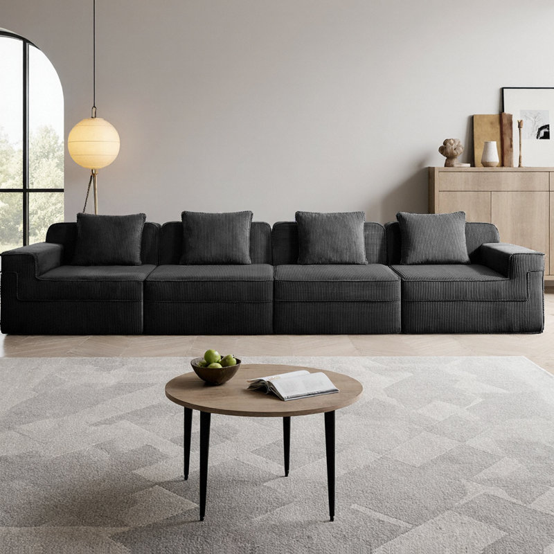 Canapé modulaire rembourré en tissu de velours côtelé à 4 places avec siège profond et coussins décoratifs, sans assemblage requis Canapé de salon moderne