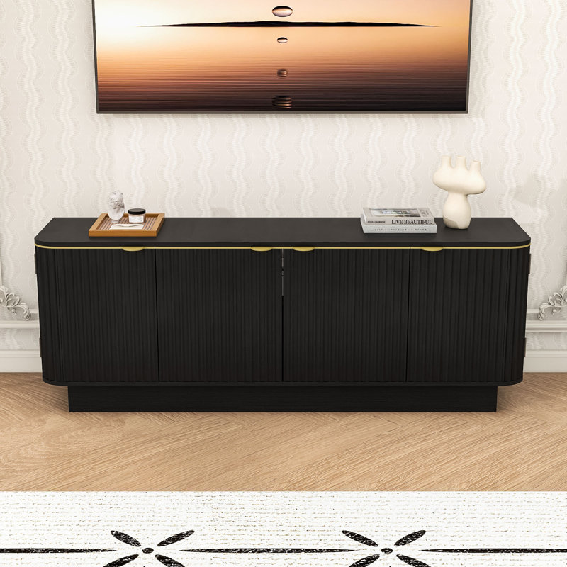 Meuble télé avec tablettes réglables, trous de gestion des câbles et armoires de rangement, Black
