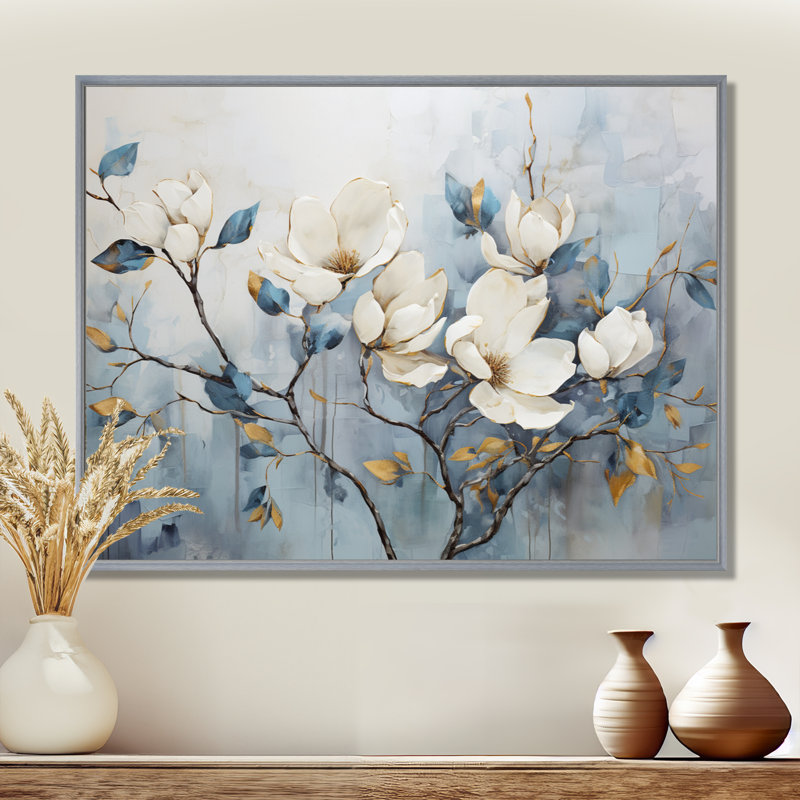 Elegant Magnolias Tranquility - art mural de salon Magnolias, Reproduction avec cadre flottant, H 34 po x l 44 po