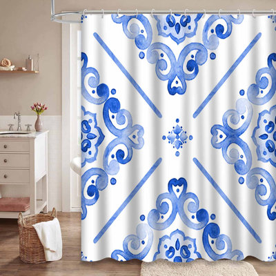 Watercolor Royal Blue Indigo Tiling Navy Shower Curtain with 12 Hooks