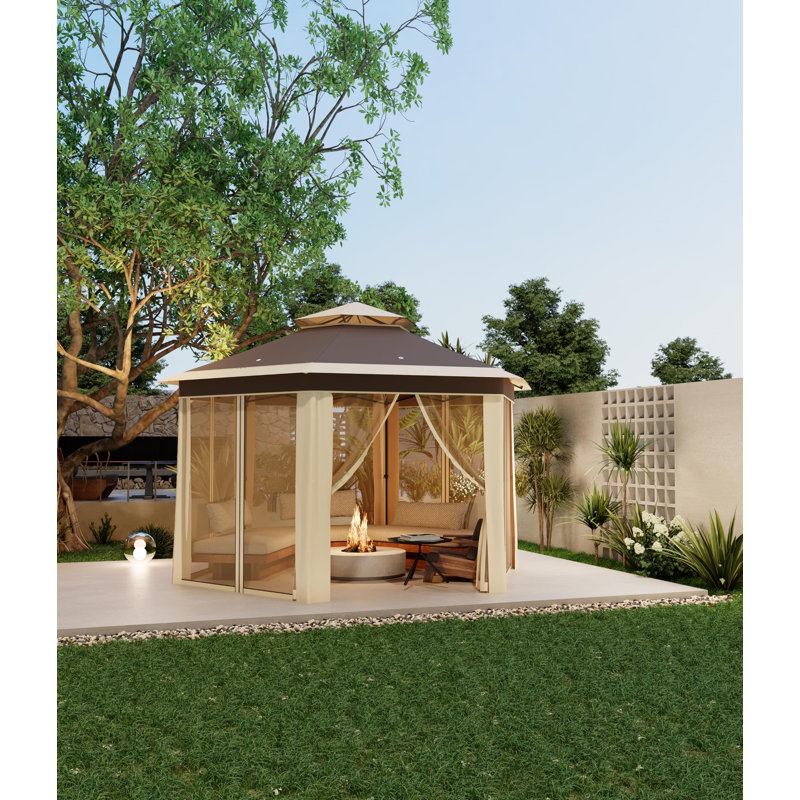 Pavillon de jardin hexagonal 13 po x 13 pi avec moustiquaire, auvent extérieur hexagonal réglable avec sac à main portatif