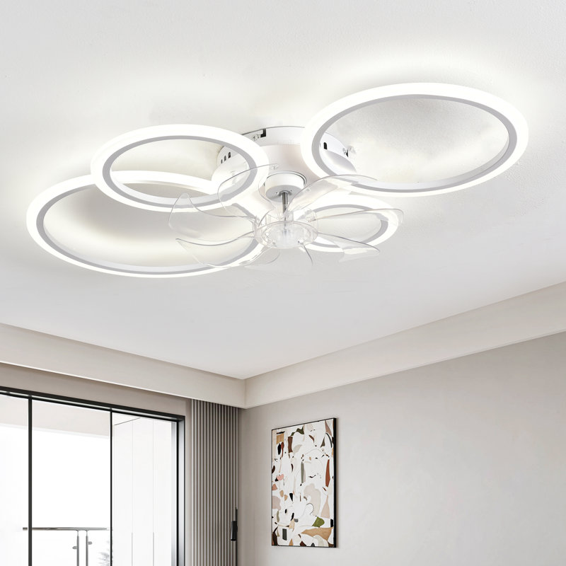 Ventilateur de plafond encastré blanc de 85 cm (33,5 po) à profil bas avec éclairage DEL, 3 couleurs, 6 vitesses, télécommande et application.