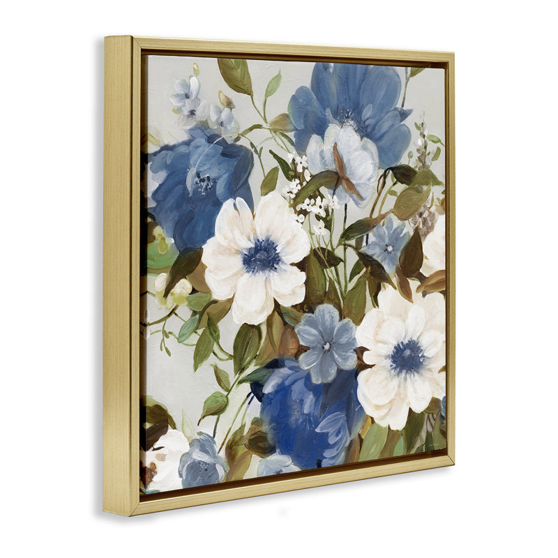 Lot de fleurs bleues, H 25 po x l 25 po, Cadre flottant métallique doré