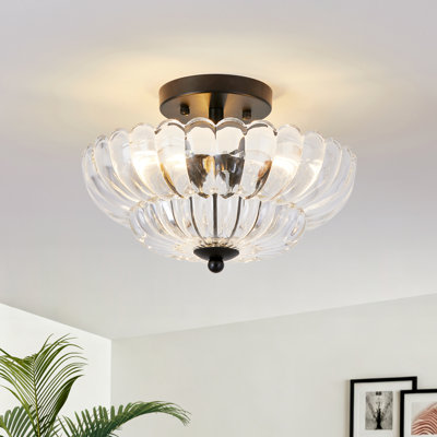 12’’W 3-Light Semi Flush Mount Ceiling Light, Petal Ribbed Glass Shade, Modern Vintage Brass Gold Ceiling Fixture for Bedroom Kitchen