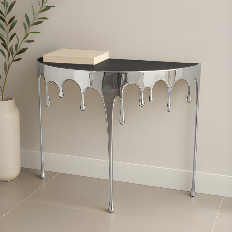 Capri Sofa Console Table | 36.25" Half Moon Glass Top | Melting Drip Design | Aluminum Cast, Silver