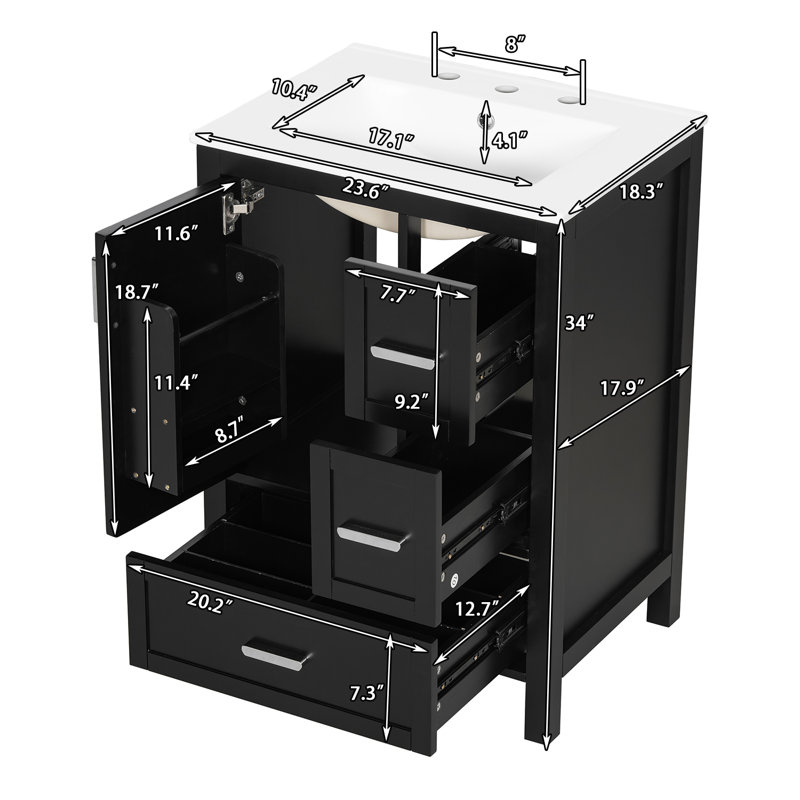 Meuble-lavabo noir moderne 24 "avec lavabo en céramique, Black