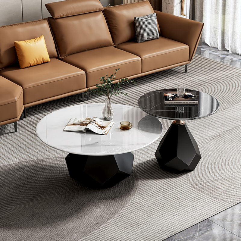 Table basse moderne simple ronde en marbre, Blanc/Noir
