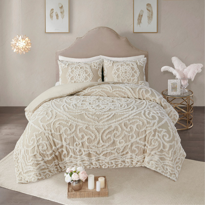 Ensemble de housse de couette en coton touffeté 3 pièces très grand / très grand californien, Beige