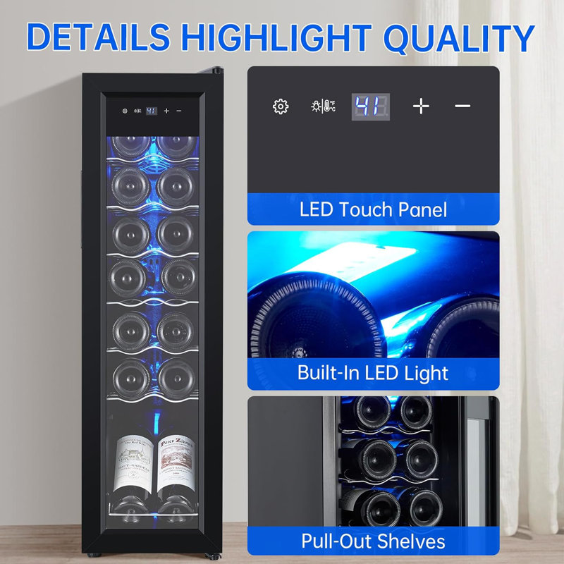 14 Bottle Wine Fridge, Mini Wine Cooler Refrigerator with Precision Digital Control, Triple Pane UV-Protected Glass Door & Blue LED, Quiet Freestanding Wine Cooler for Home, Office, Kitchen