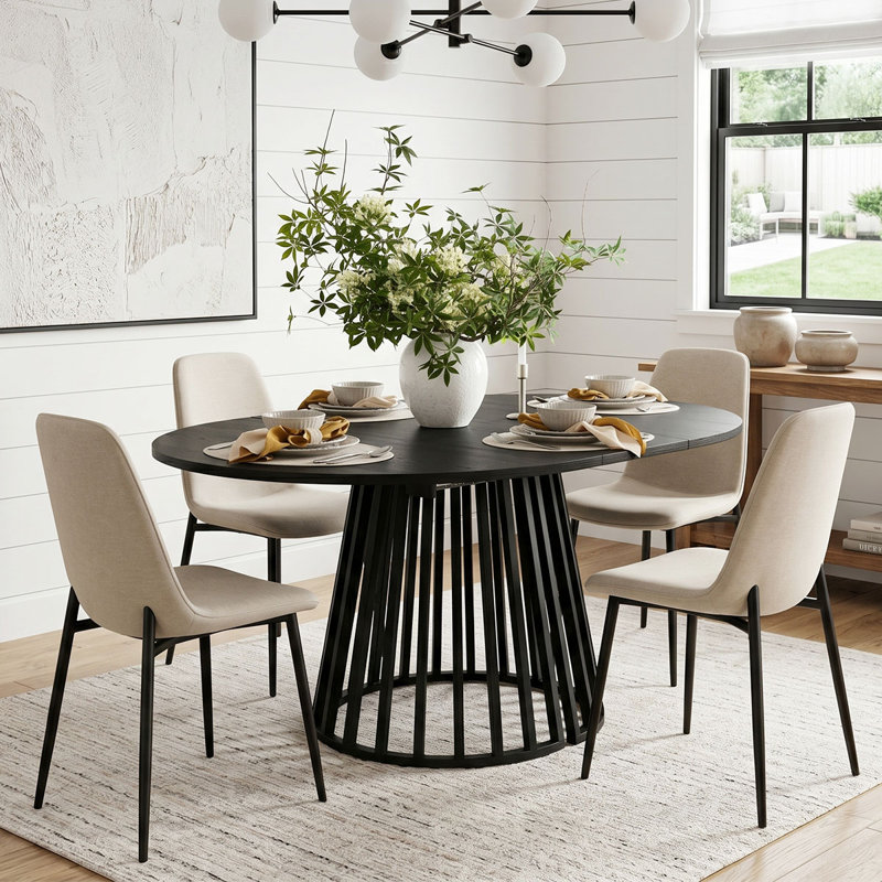 4- Person Dining Table Sets With Extendabe Oval Table & 4 Upholstered Chenille Dining Chairs, Beige
