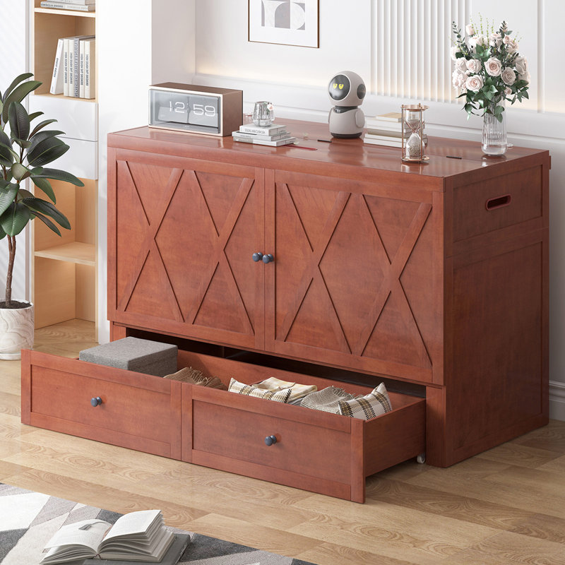 Grand lit escamotable Murphy avec grand tiroir de rangement et chargement USB, cerisier, Rouge