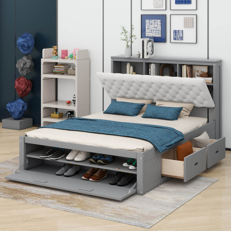 Revollo Wood Queen Size Platform Bed with Storage Headboard, Shoe Rack, and 4 Drawers, Gray/White