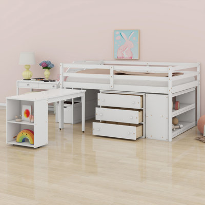 Loft Bed With Retractable Writing Desk And 3 Drawers, Wooden Loft Bed With Storage Stairs And Shelves