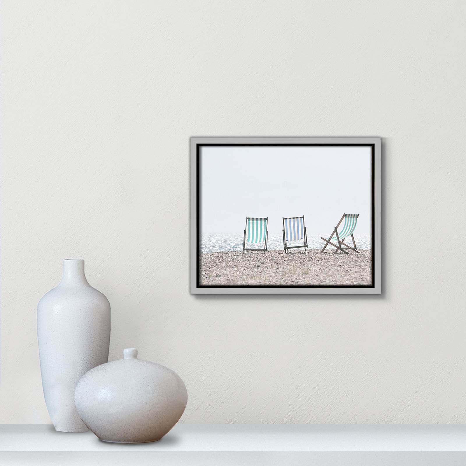 Beach Chairs - Photograph Print, Black Wood Grain Framed Paper, 17" H x 23" W x 0.75" D