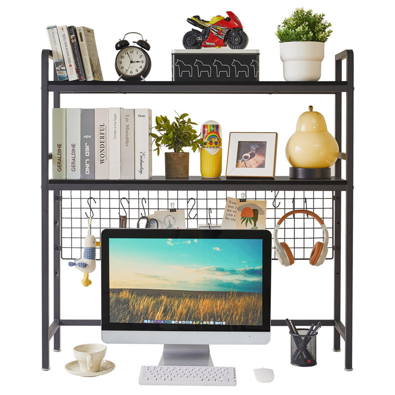Computer Desktop Bookcase 2 Layers 37.5 Inch With Adjustable Shelf Display Rack Black