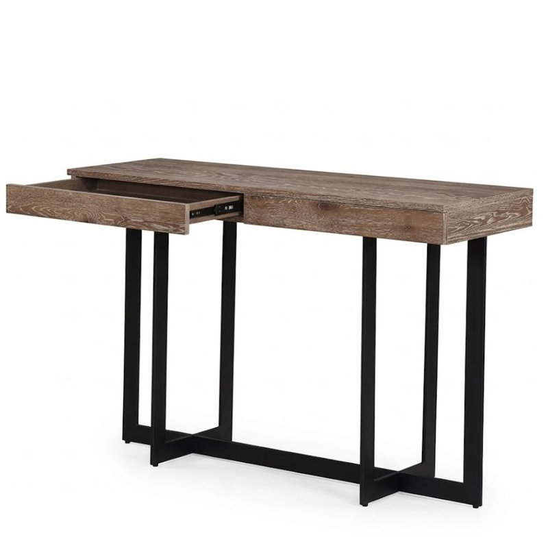 Kaitosi 47 In. Gray Wash/Sand Black Rectangular Wood Console Table With Drawer And Metal Legs