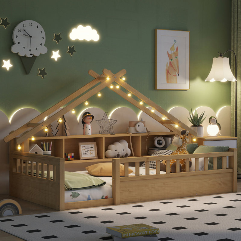 Wood Floor Bed with Storage Bookshelves, Natural, Twin