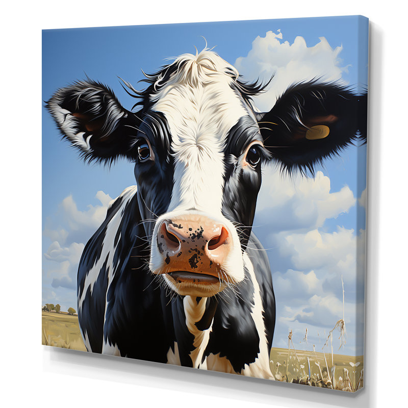 Vache noire et blanche broutant les prés II, H 16 po x l 16 po x P 1 po, Toile tendue