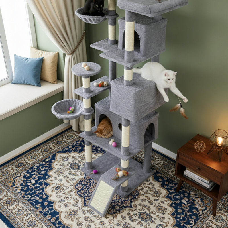 84" H 6-Tier Dark Grey Cat Tree - Sisal Posts, Condo, Hammock, Top Perch, Anti-Tip Kit