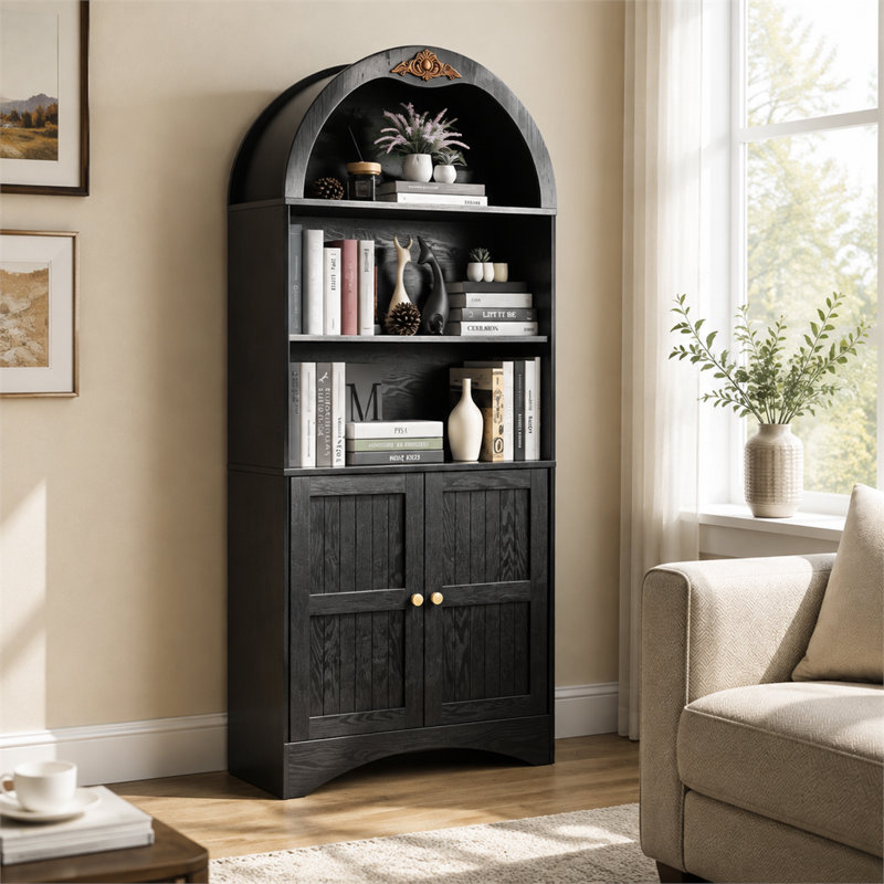 Armoire de rangement autoportante arquée en panneau de fibres à densité moyenne noir