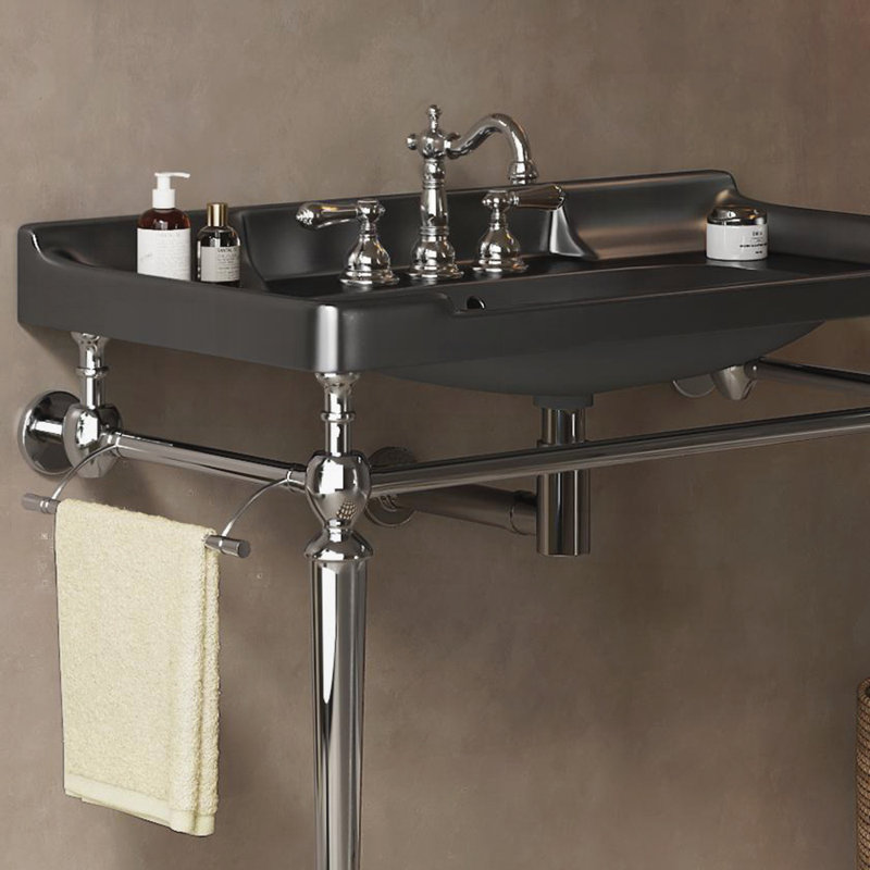 Lavabo de salle de bain 36 po, meuble-lavabo mural en céramique avec 3 trous pré-percés, Chrome chrome, Noir, 36"