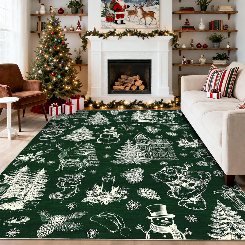 9x12ft Washable Christmas Stain-Resistant Foldable Low Pile Floor Mats Xmas Printed Carpets Soft Non Shedding Rugs