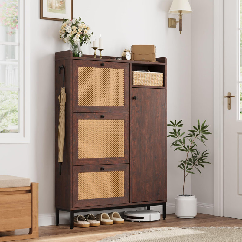 Armoire à chaussures en rotin avec 3 tiroirs rabattables et armoire de rangement à chaussures à 4 niveaux, Cerise profonde