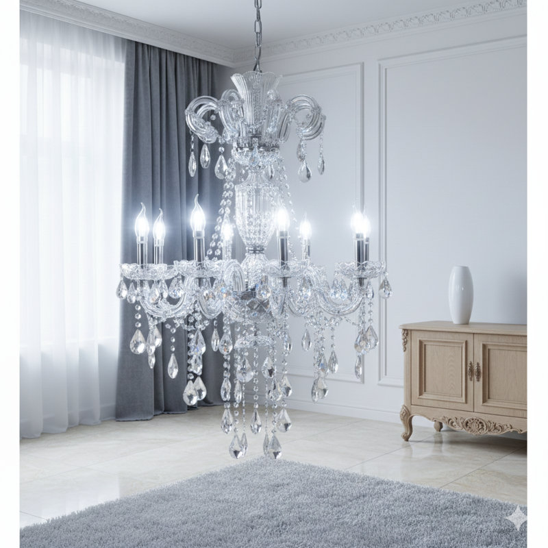 Lustre en cristal argenté mesurant 37 pouces, comprenant huit lumières DEL intégrées.