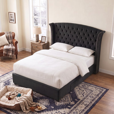 57.48" High Bed Frame with 2 Storage Drawers, Upholstered Velvet Headboard Platform Bed, Wingback Headboard, Button Tufted Bed, Metal Frame & Sprung Slats Support, No Box Spring Needed, Easy Assembly