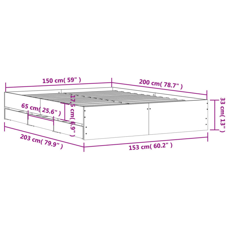 17 Stories Bed Frame With Drawers Double Engineered Wood, Smoked Oak, UK King - 150 x 200 cm