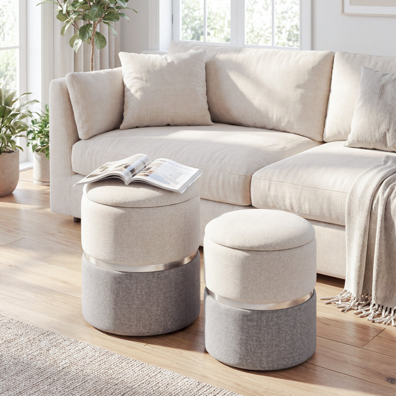 Ebern Designs Linen Fabric Storage Ottoman Set Of 2 Modern Round Ottoman With Storage For Bedroom