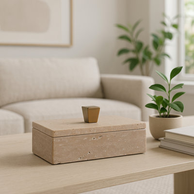 Decorative Travertine Box With Gold Knob And Removable Lib - Perfect Keepsake Storage For Living Room, Office Accent, And Home Decor Accent - 9", Tan