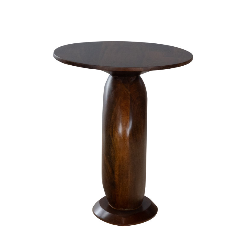 Round Mango Wood Side Table with Sculpted Pedestal Base and Stained Finish
