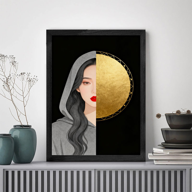 Comparaison rétro encadrée noire entre objets moitié-visage et demi-cercle, art rétro, H 25 po x l 17 po