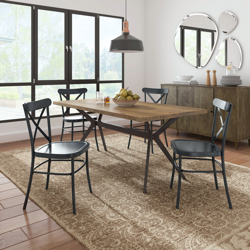 Devan 70" Iron Metal Base Dining Table And X-Back Metal Chairs Set - Table And 4 Chairs, Brown, Navy