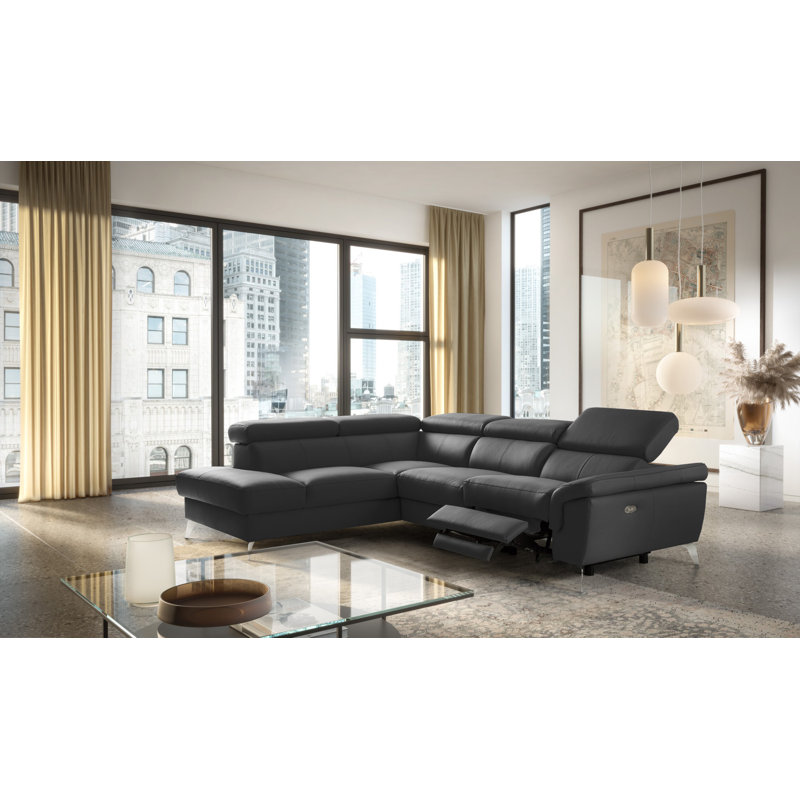 Manhattan Genuine Leather Reclining Corner Sofa with Storage and Adjustable Headrests & Adjustable Armrest, Left Hand Facing