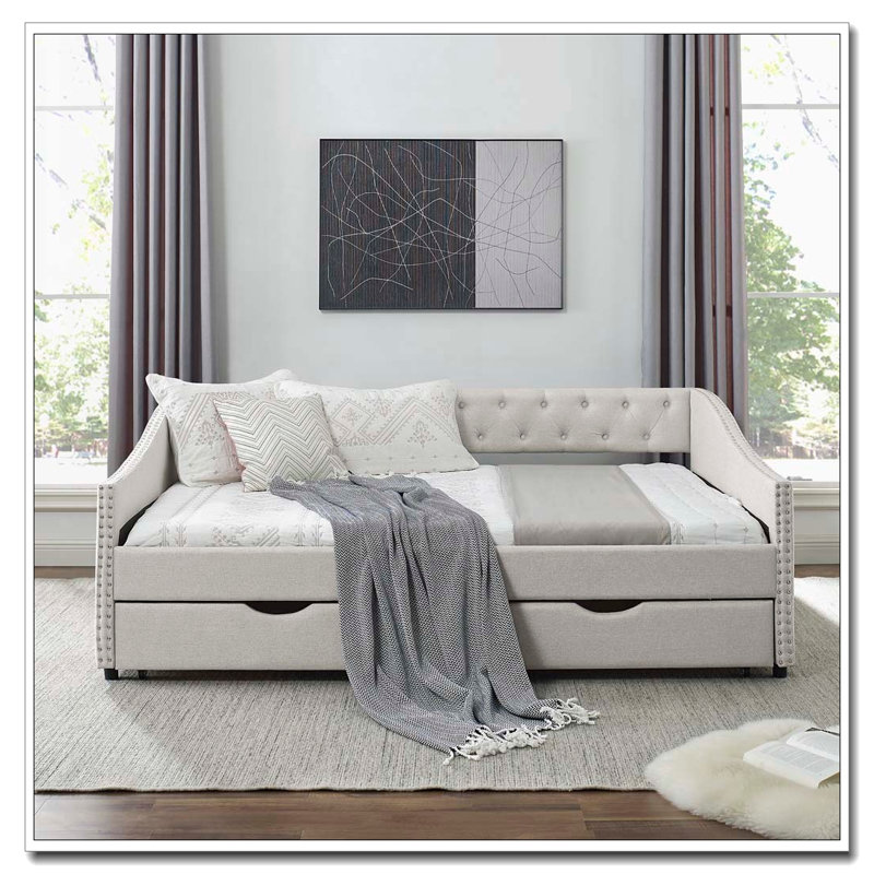 Canapé-lit rembourré capitonné, Lit double, Beige