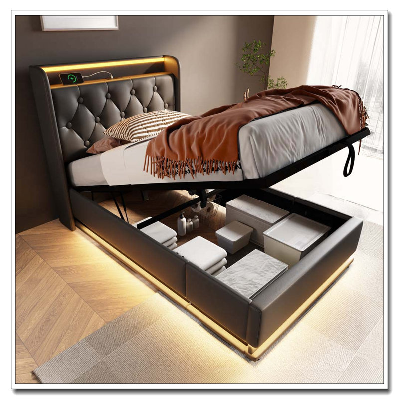 Storage Upholstered Bed with USB Type-C charging, 360 surround LED function, Buttons/Apps/Remote Control, Black PU, Twin