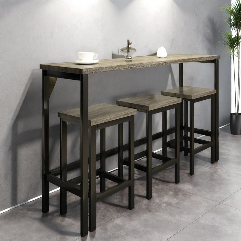 Ensemble de table de salle à manger moderne et compact avec tabourets, acier gris et design en MDF, idéal pour les petits espaces de cuisine