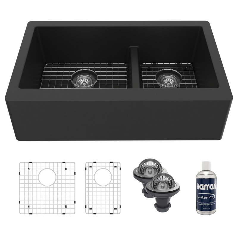 Karran Quartz 34'' X 21-1/4'' 60/40 Double Bowl Farmhouse/Apron Front Kitchen Sink Kit, Black