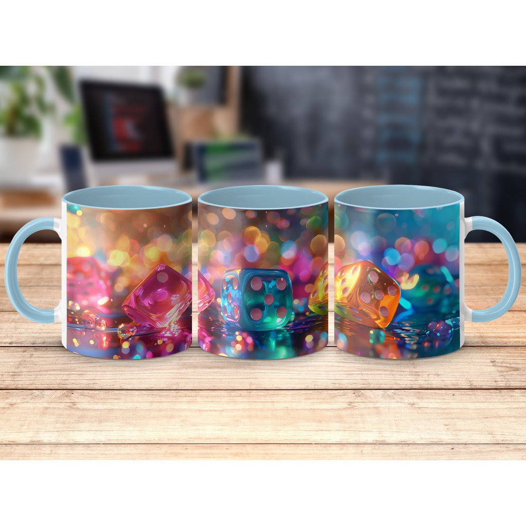 Set of 3 Colourful 3D Design 11oz Accent Mugs – White Ceramic Coffee Cups with a Light Blue Handle and Interior
