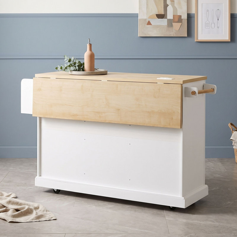 Îlot de cuisine mobile avec abattant, rangement et prise électrique intégrée, Blanc