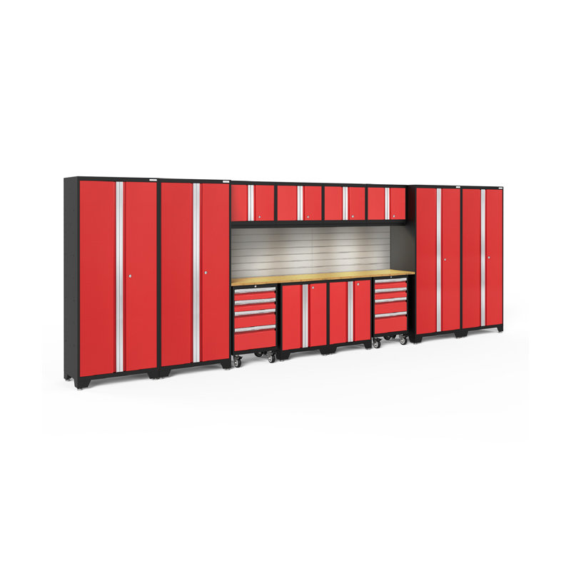 Bold Series 216-in W x 76.75-in H Steel Garage Storage System, Red, Bamboo, LED Light
