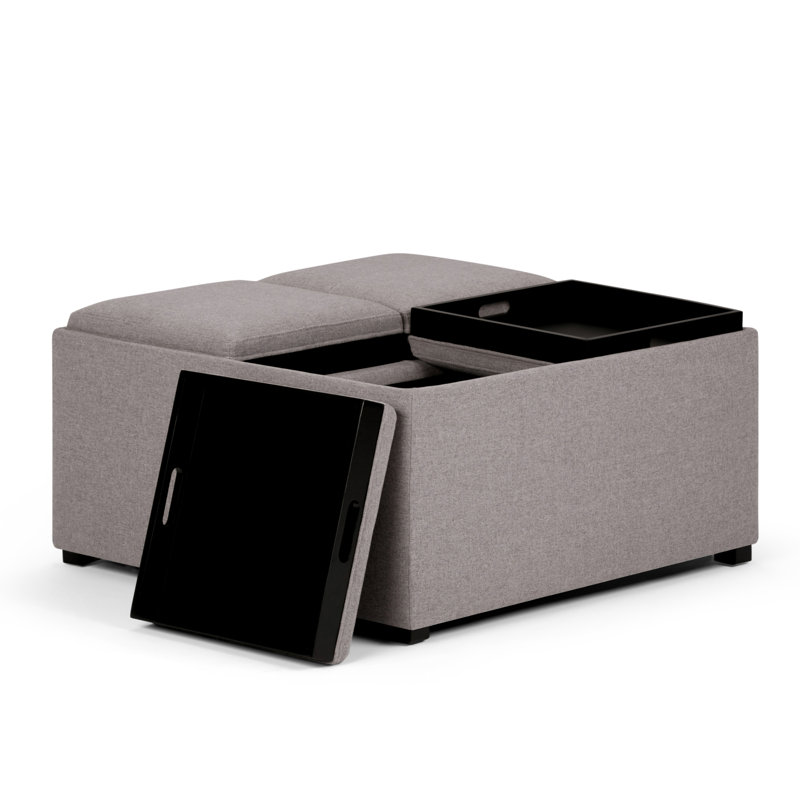 Repose-pieds de rangement pour table basse moderne en tissu d'aspect lin de 35 po avec 4 plateaux rabattables Avalon