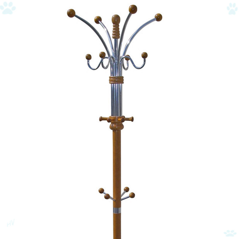 73" Tall Chrome And Wood Coat Rack, Oak