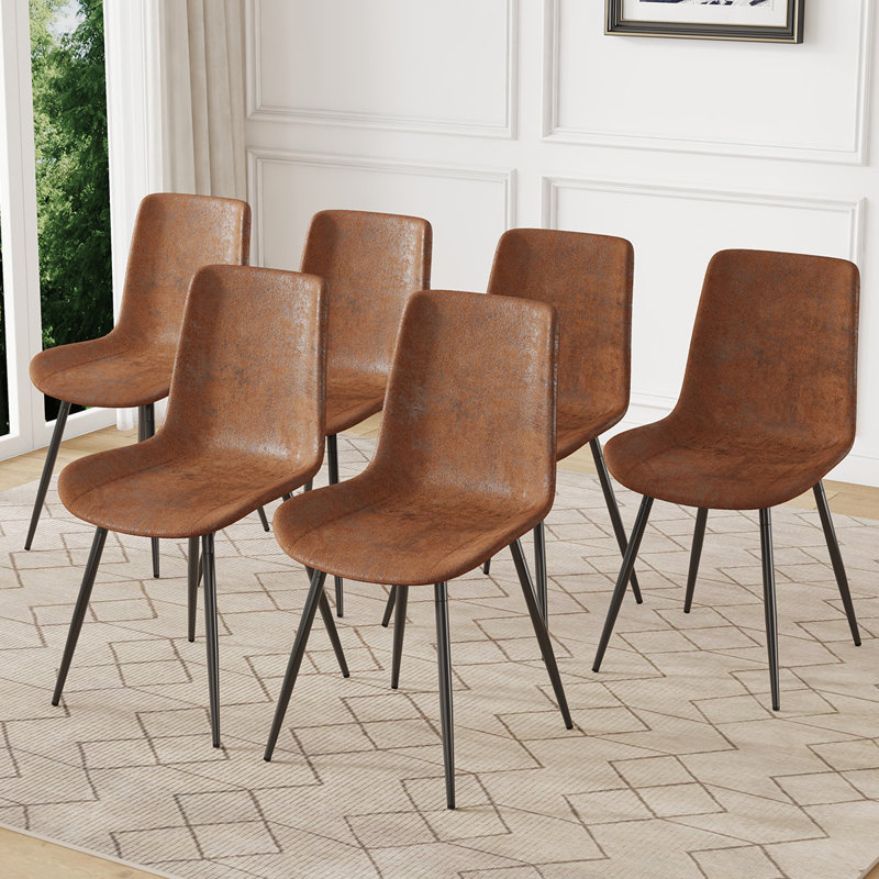 Modern Dining Chairs With Faux Leather Upholstery And Metal Legs, Brown, 6